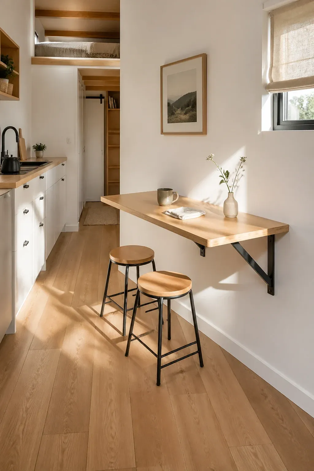 A natural wood folding table mounted to a white wall in a bright, minimalist tiny house kitchen.