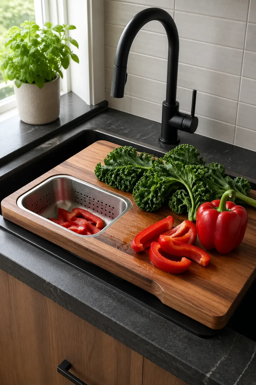 A wooden cutting board with a built-in colander sits over a black sink in a small kitchen.