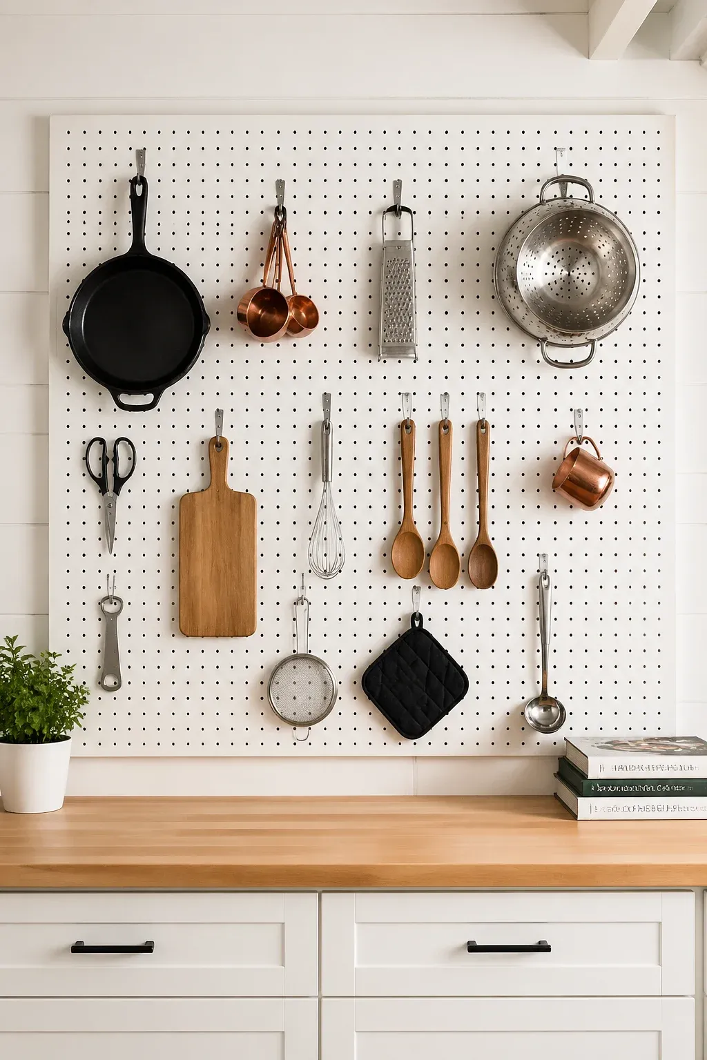 A white pegboard wall in a small kitchen holding organized cast iron pans and copper utensils.