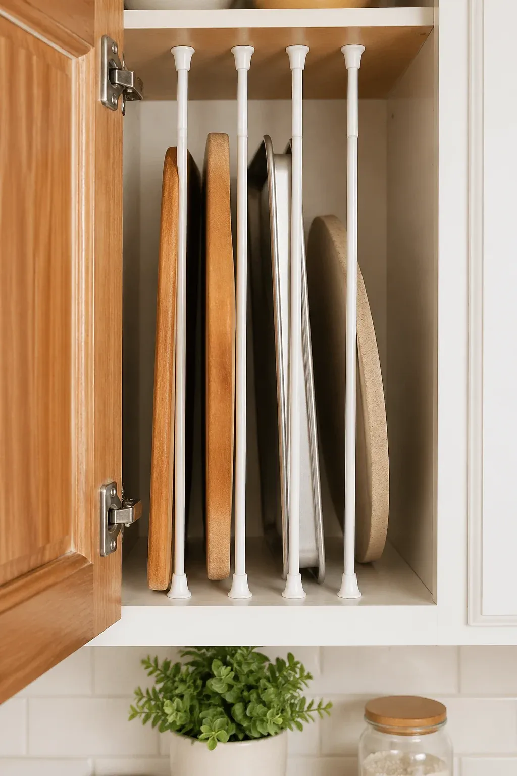 White tension rods used vertically inside a kitchen cabinet to organize baking sheets and boards.