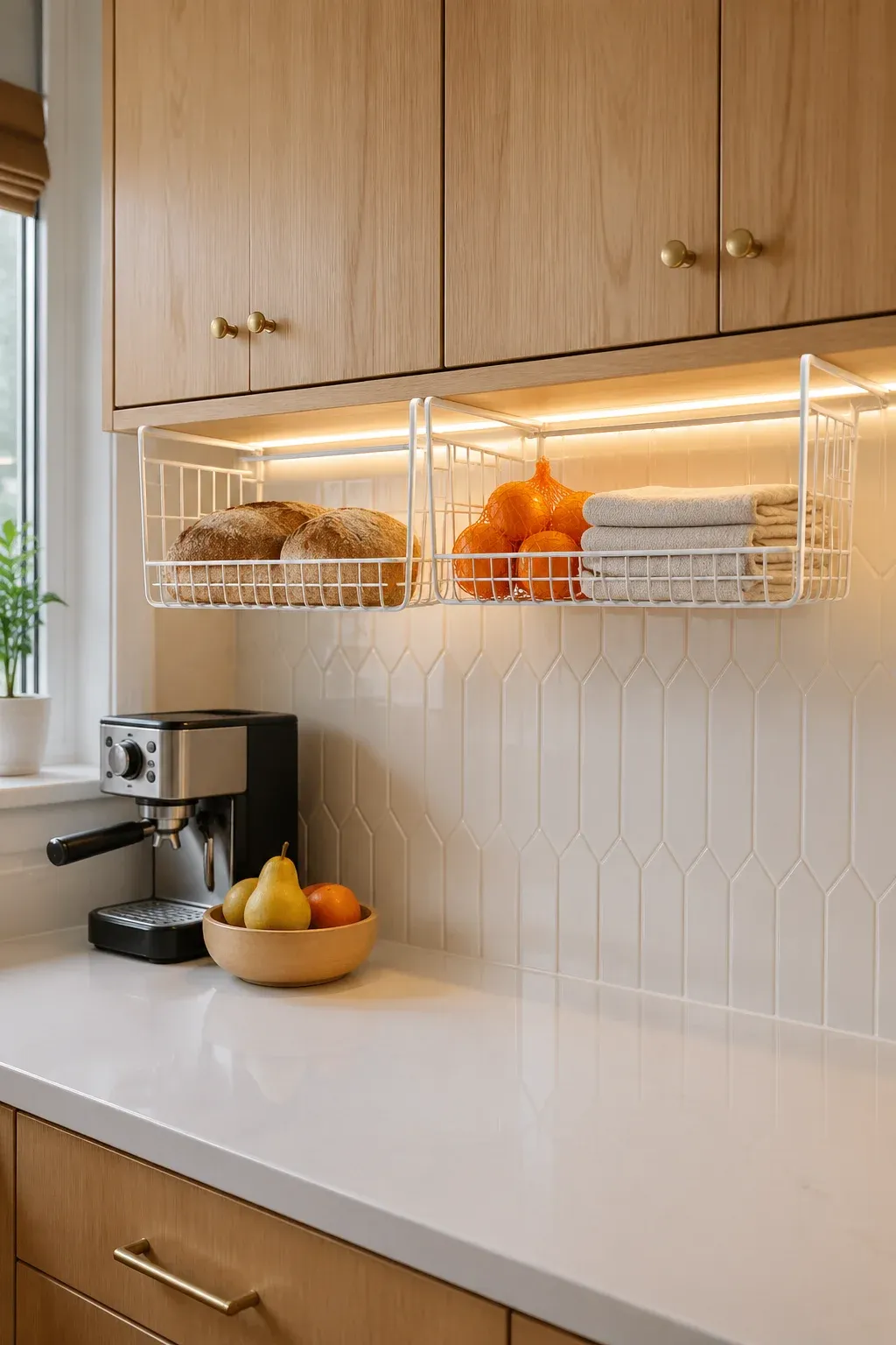 White wire baskets hanging under kitchen cabinets storing bread and fruit above a clean counter.