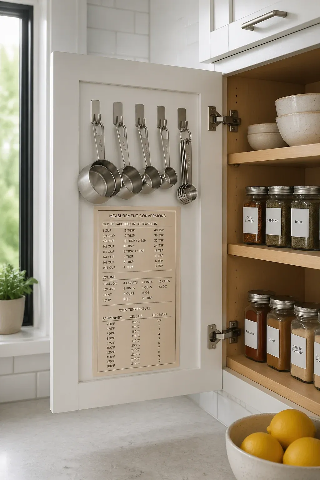 Inside of a white cabinet door with adhesive hooks holding measuring cups and a conversion chart.