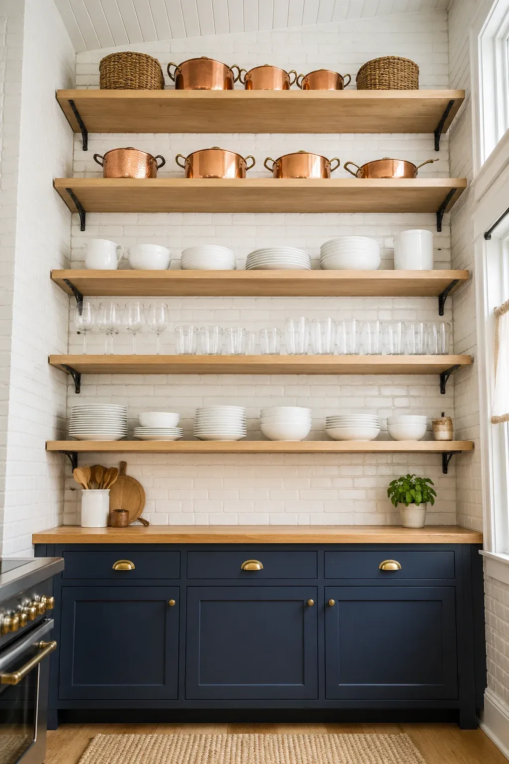 Floor-to-ceiling wooden open shelves in a small kitchen filled with dishes and copper pots.