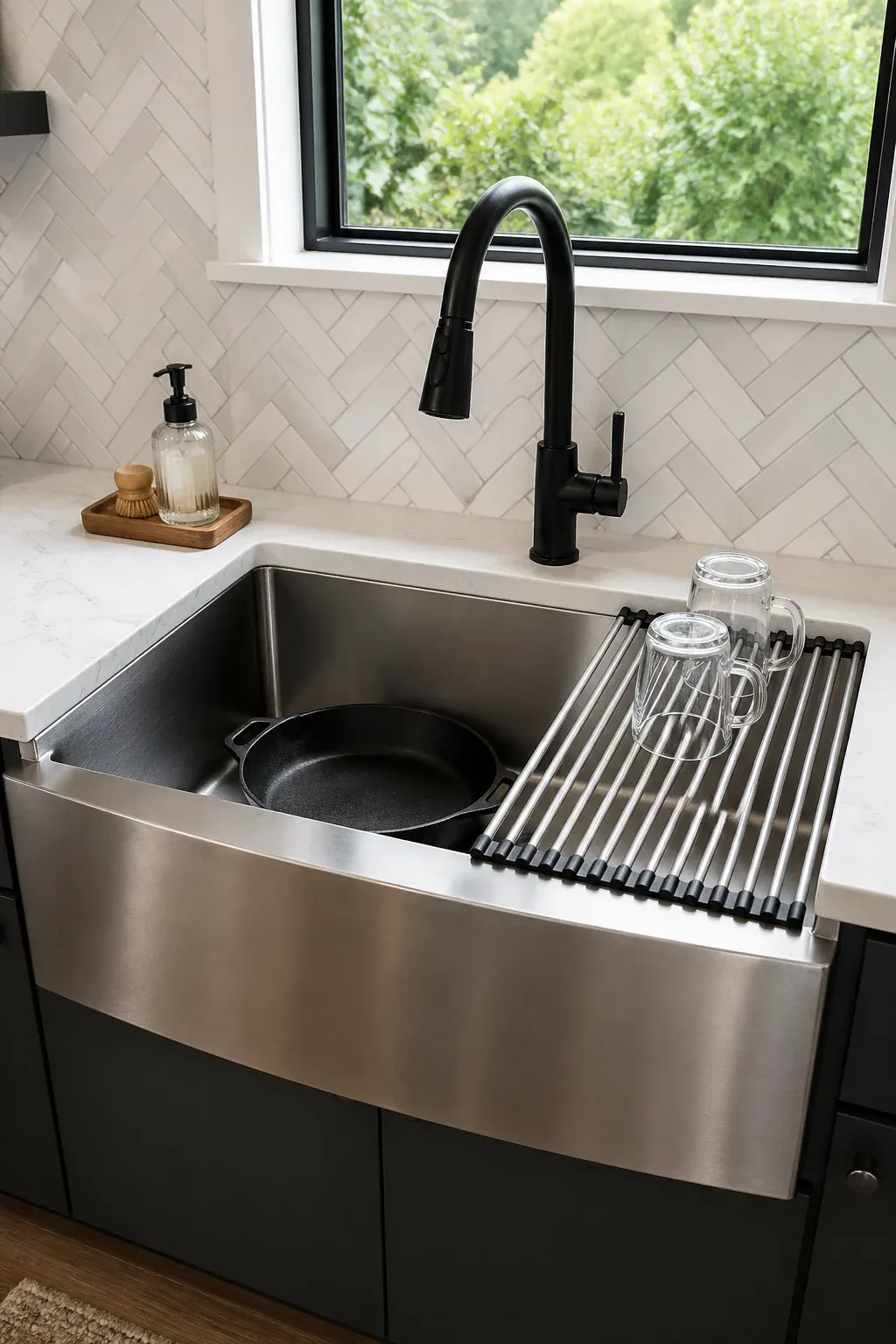 A deep stainless steel single-basin sink with a matte black faucet and a roll-up drying rack.