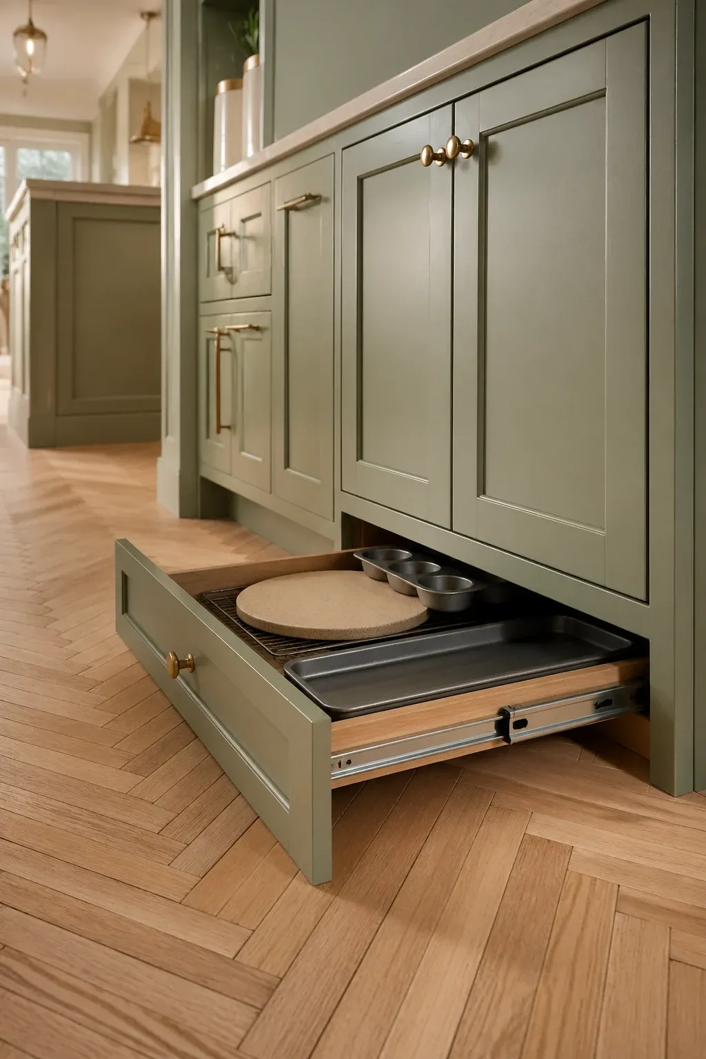 A shallow drawer built into the base of a sage green cabinet holding baking sheets.
