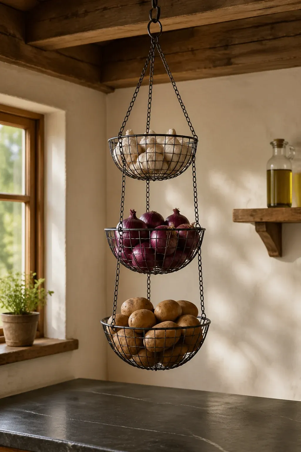 Three-tiered black wire baskets hanging from a ceiling beam filled with onions and potatoes.