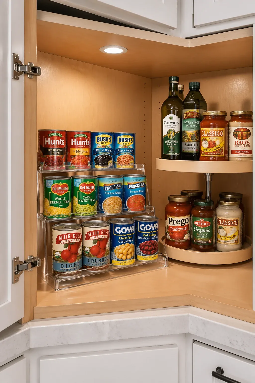 A clear tiered shelf and a Lazy Susan inside a kitchen cabinet organizing cans and jars.