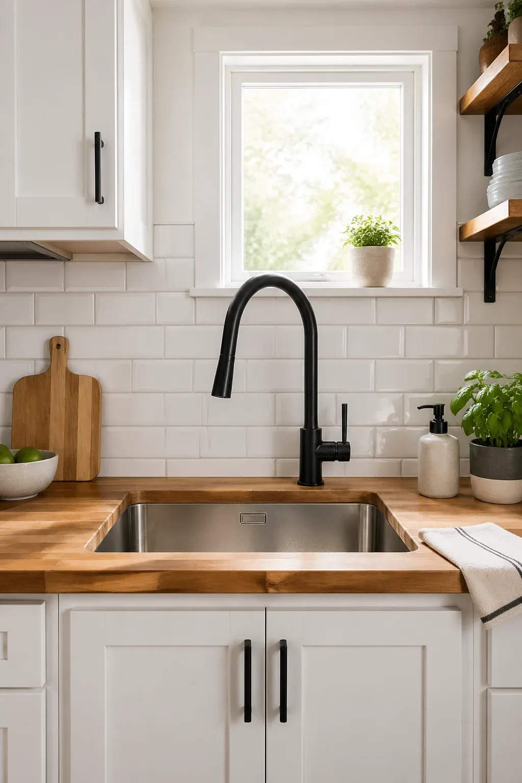 A modern matte black high-arc faucet over a stainless steel sink in a bright tiny house kitchen.