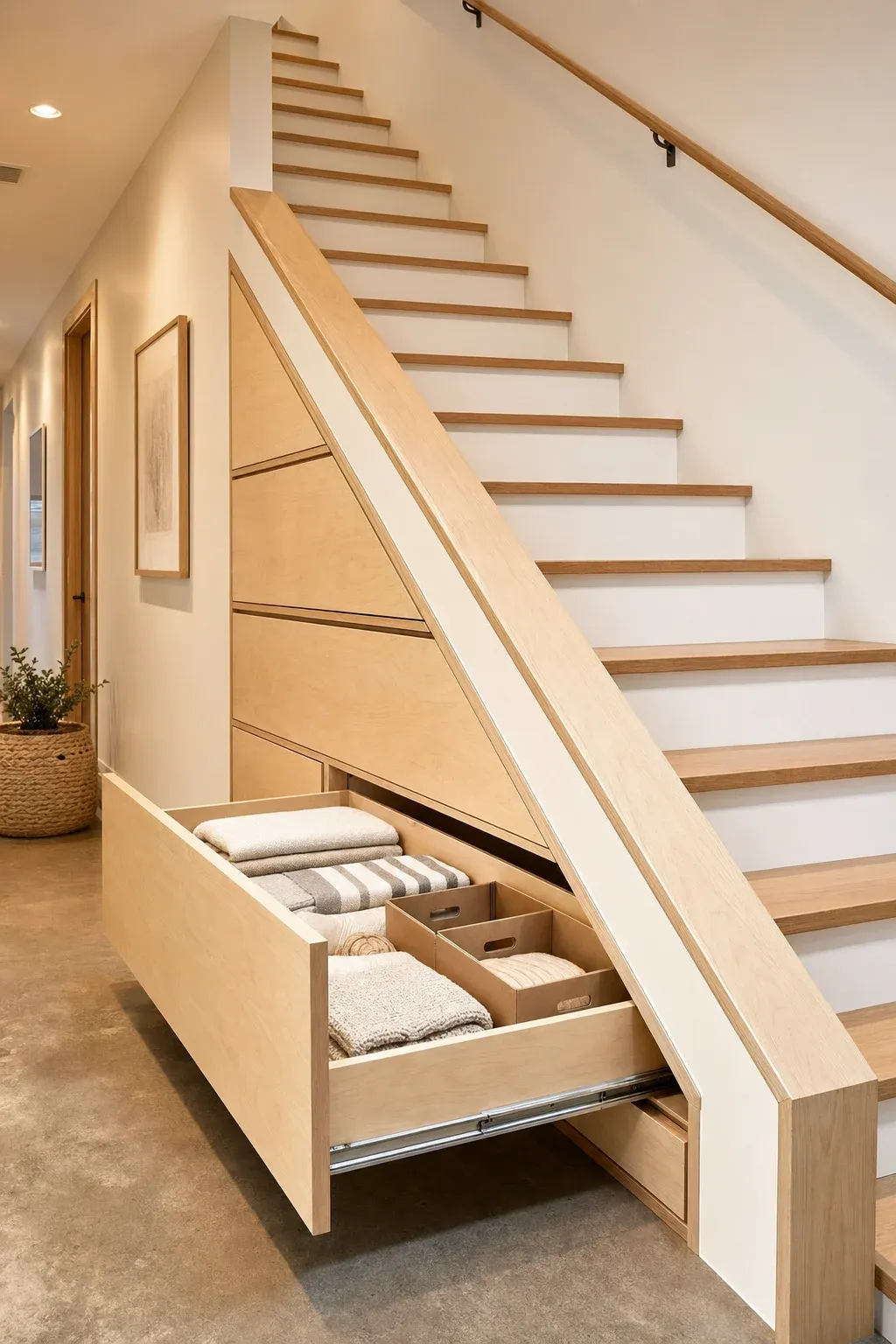 Custom pull-out wooden drawers built into the triangular space beneath a modern staircase.