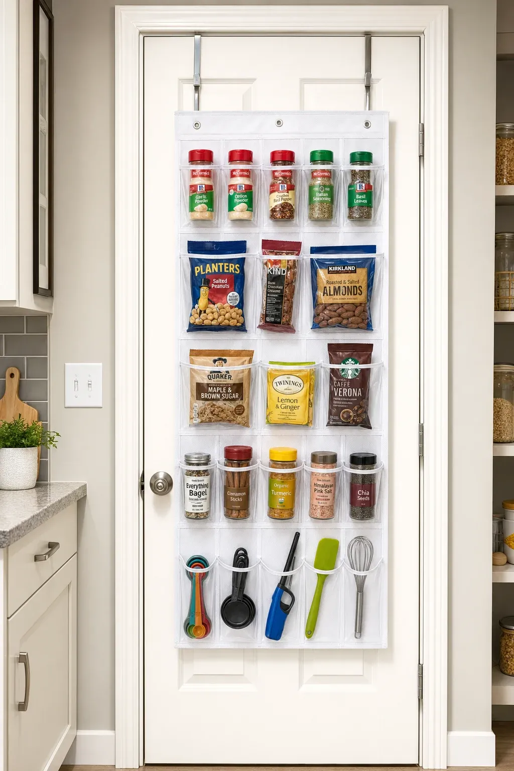 A clear pocket hanging organizer mounted on a white door, filled with various small kitchen items.