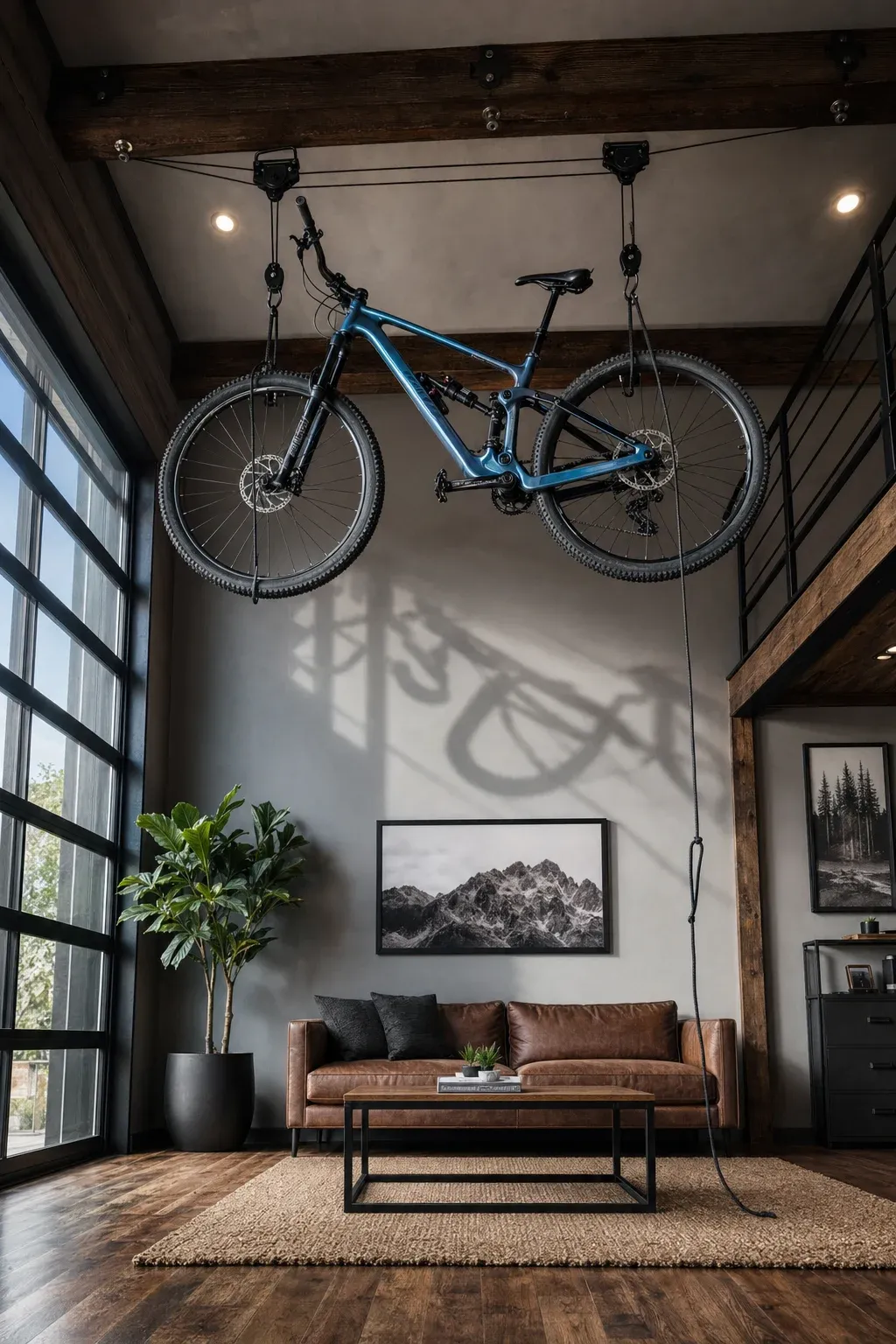 A mountain bike suspended from a ceiling pulley system in a modern, high-ceiling tiny home.