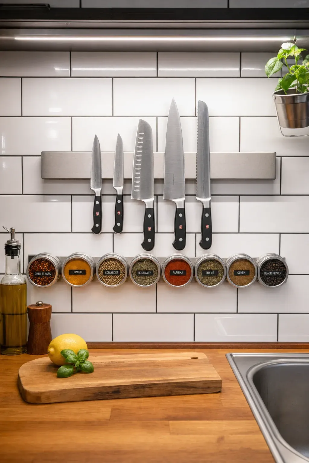 A magnetic strip on a tiled kitchen wall holding stainless steel knives and clear-topped spice tins.
