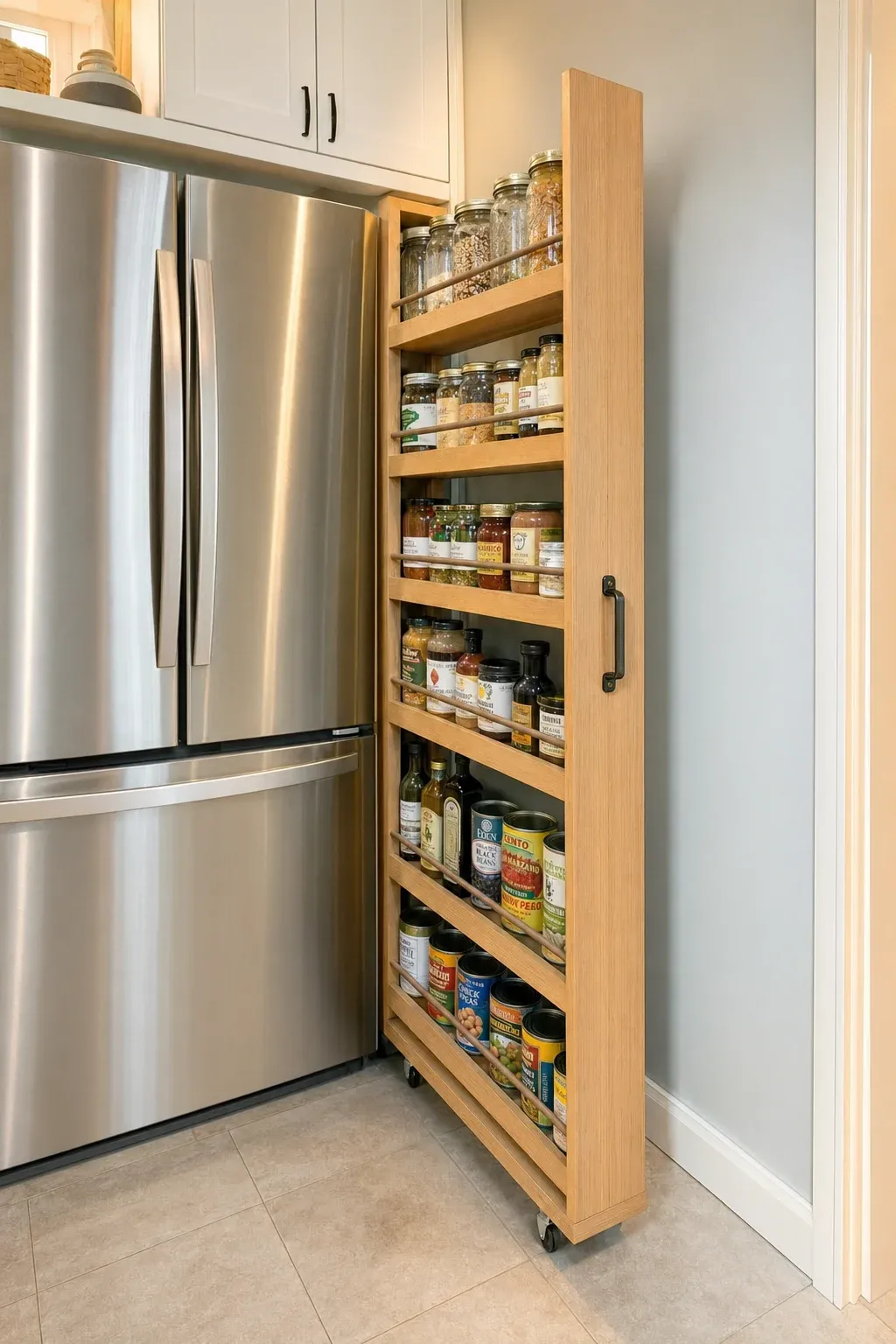 A tall, narrow sliding shelf unit filled with pantry items being pulled out from next to a refrigerator.