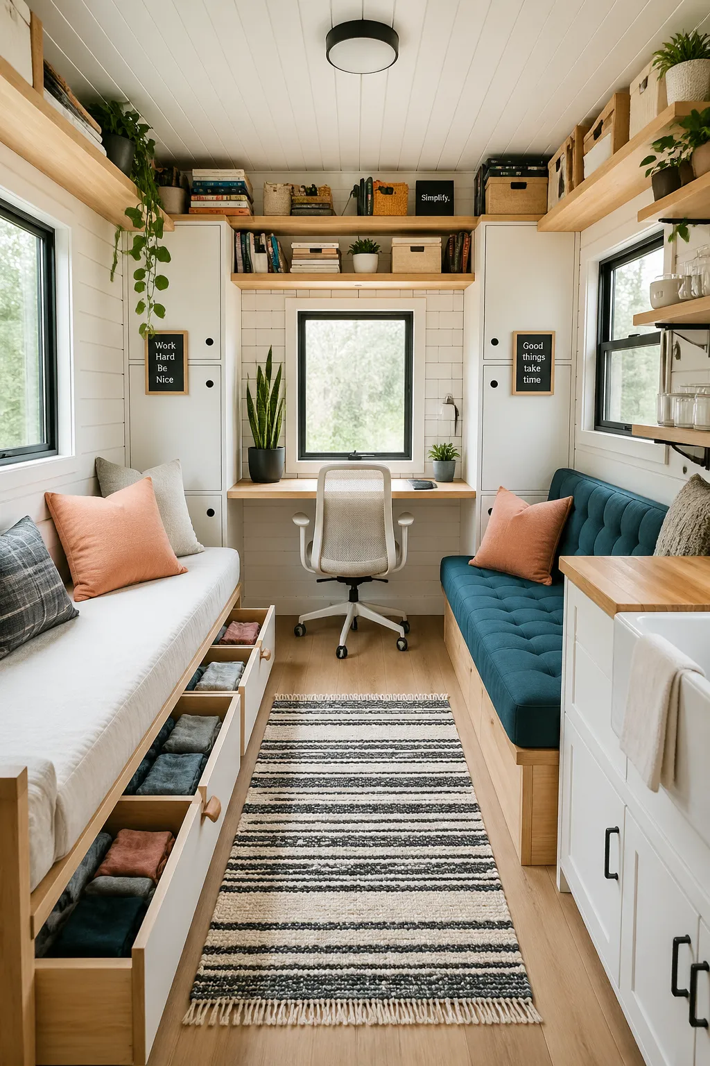 Modern tiny home interior with vertical shelving, under-bed storage drawers, and a central workspace with white shiplap walls.