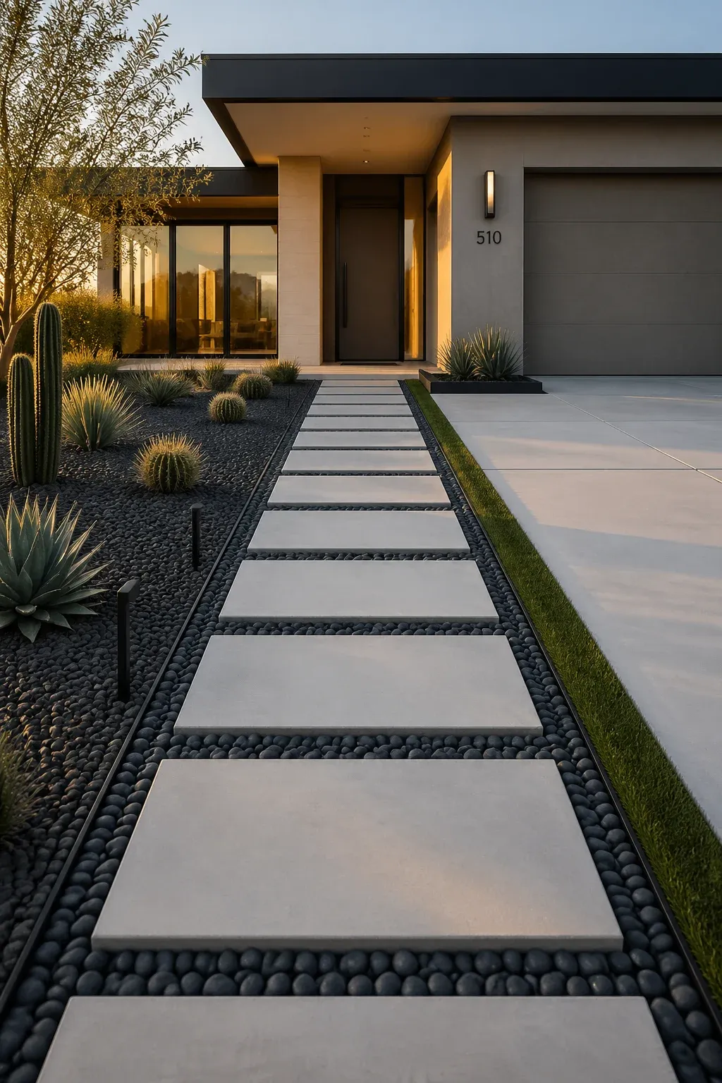 A modern front yard with large rectangular concrete pavers and dark pebble gaps.