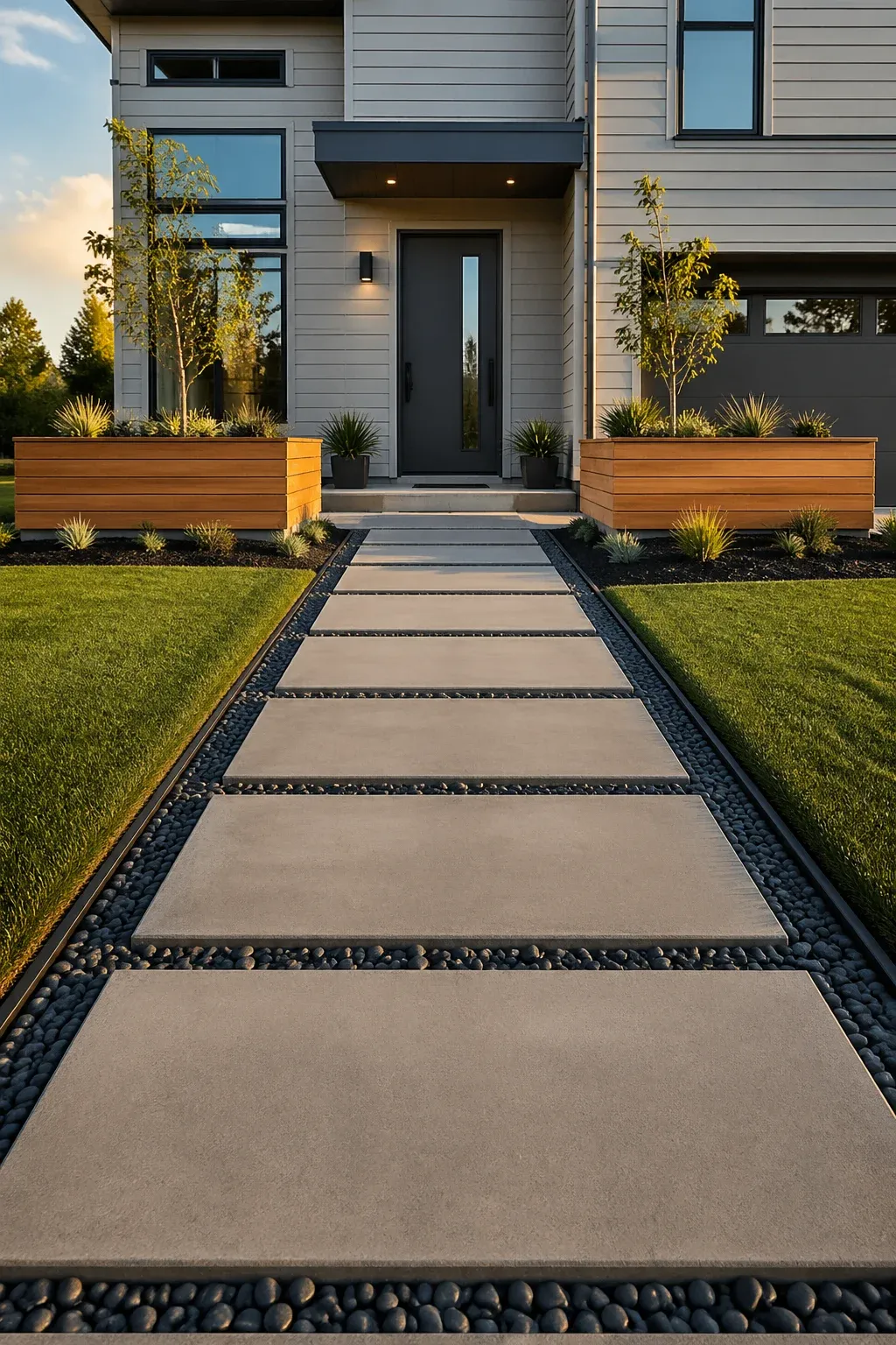A modern front yard featuring a geometric concrete walkway, cedar planters, and clean lines.