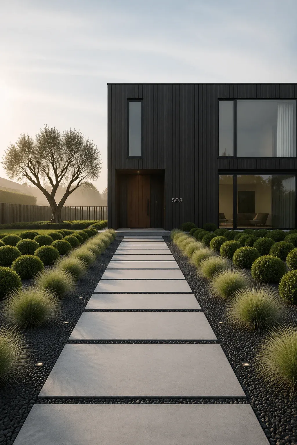 A modern front yard with symmetrical green shrubs, concrete pavers, and grey gravel.