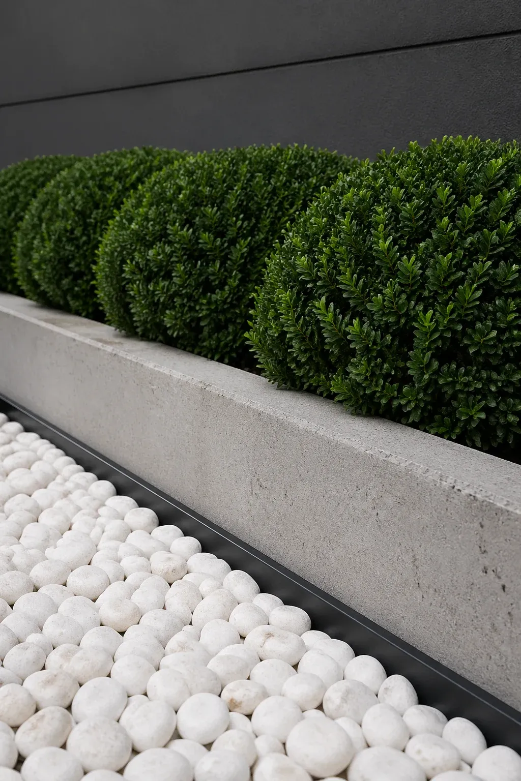 Close up of green boxwood shrubs against grey concrete and white river stones.