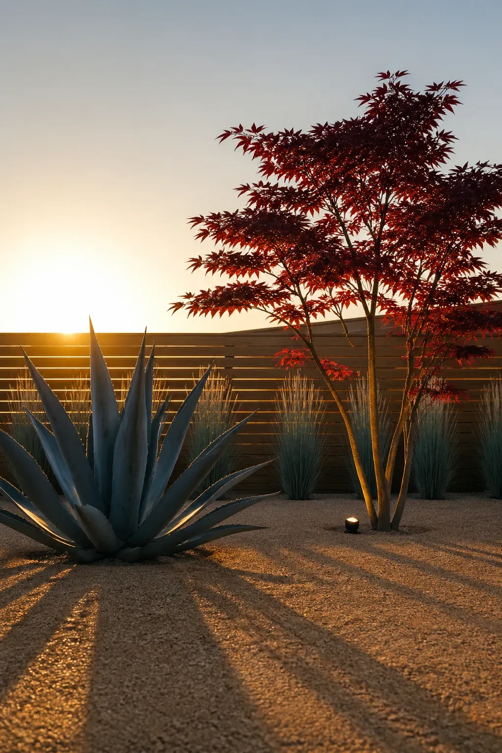 Sculptural agave and Japanese maple plants in a clean, modern front yard.