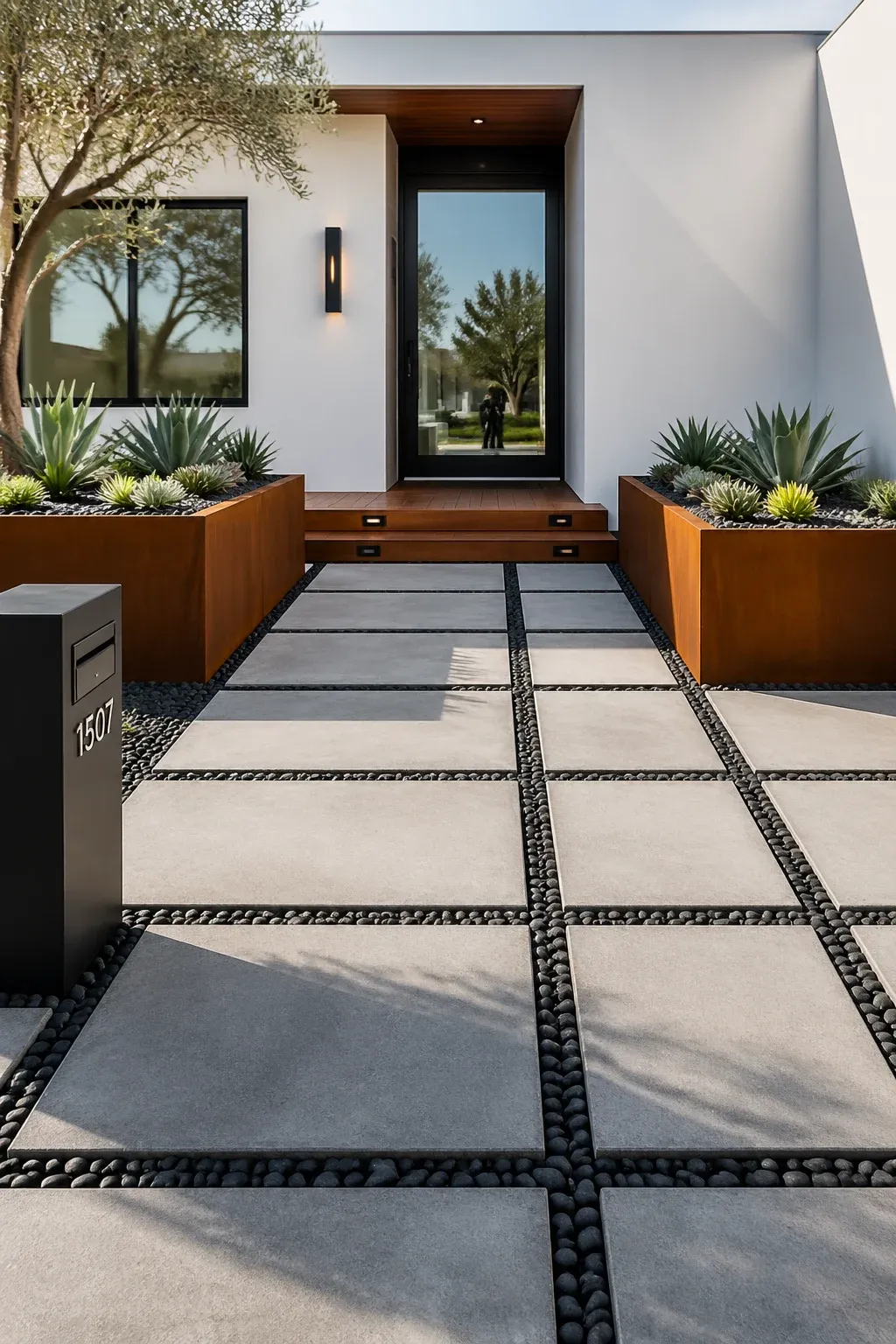 A modern front yard featuring concrete pavers, corten steel planters, and a wood porch.