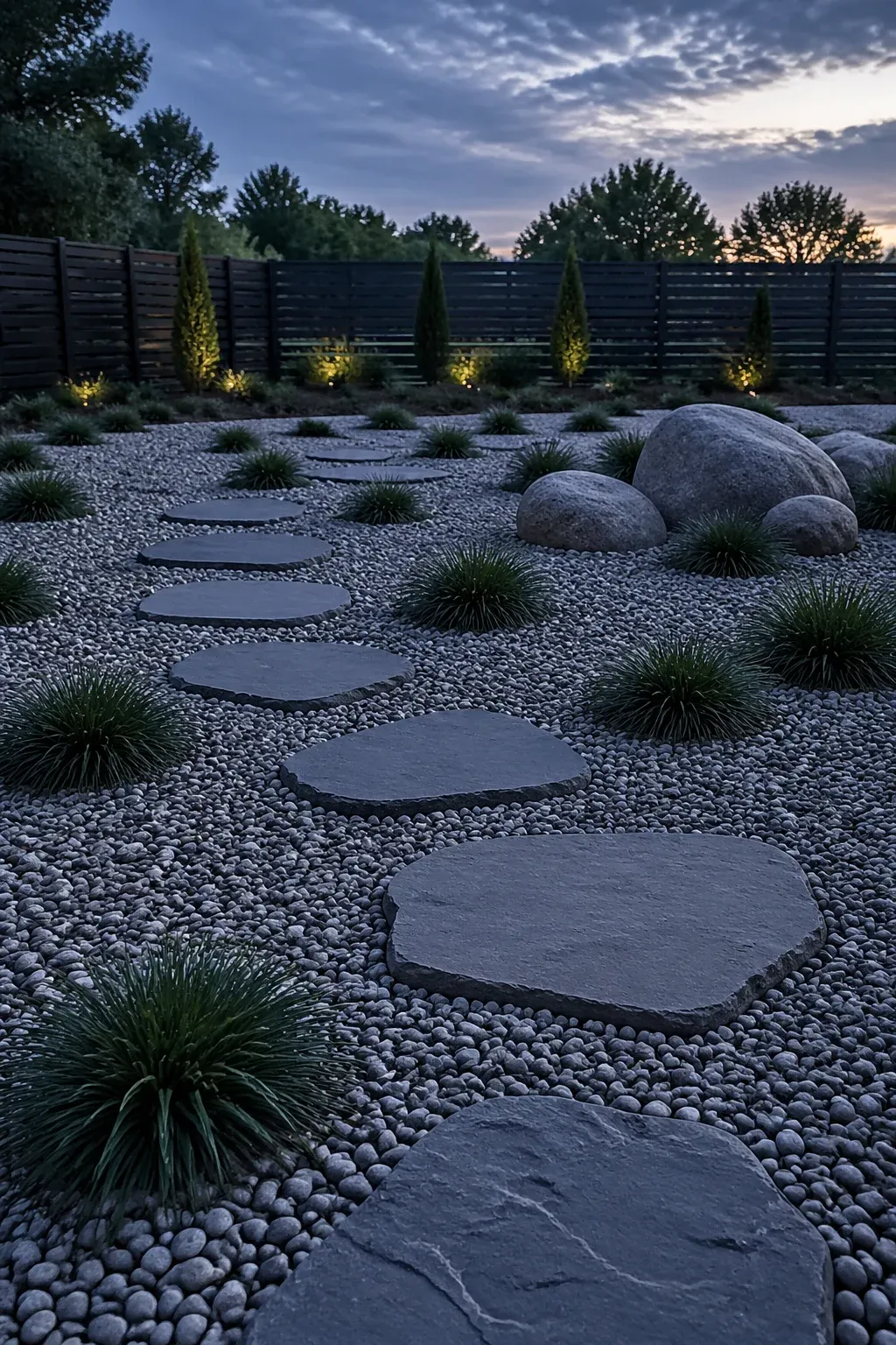 A front yard with grey pea gravel, basalt stepping stones, and small tufts of mondo grass.