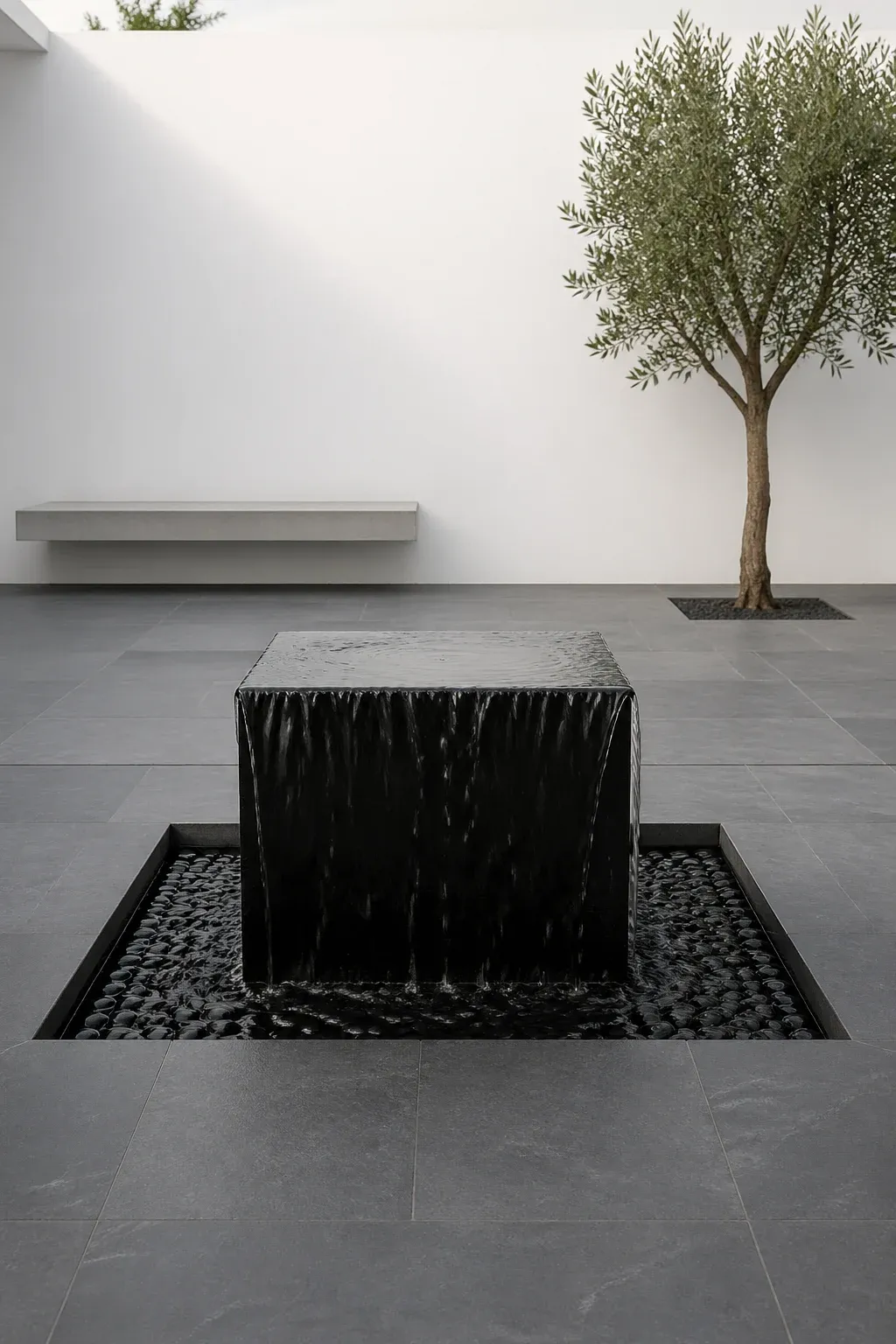 A black cube water feature centered in a minimalist yard with a white wall background.