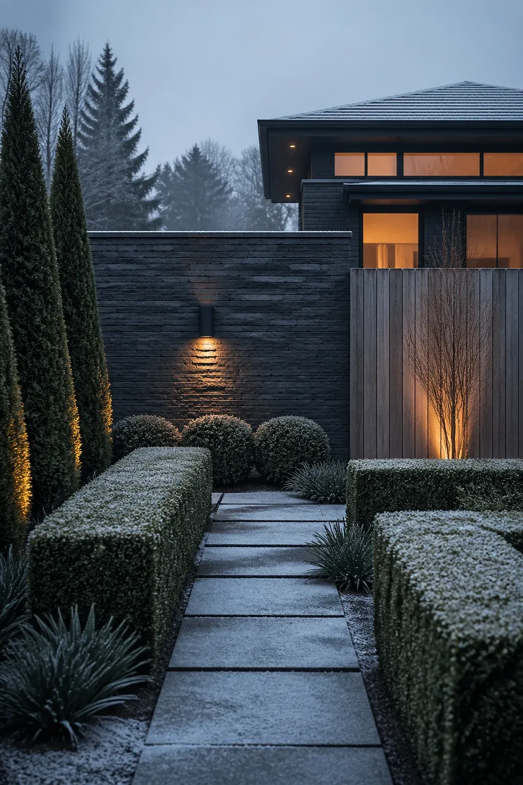A minimalist yard in winter with evergreen hedges, stone walls, and warm house lights.