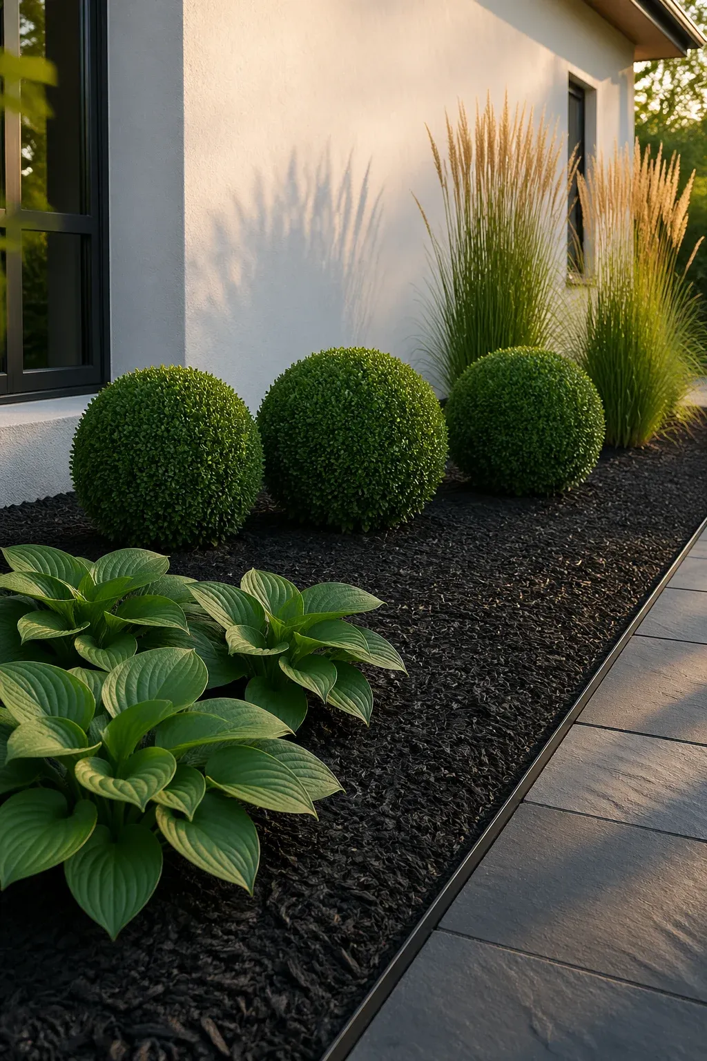 A modern garden with spherical boxwoods, upright grasses, and waxy hostas in dark mulch.