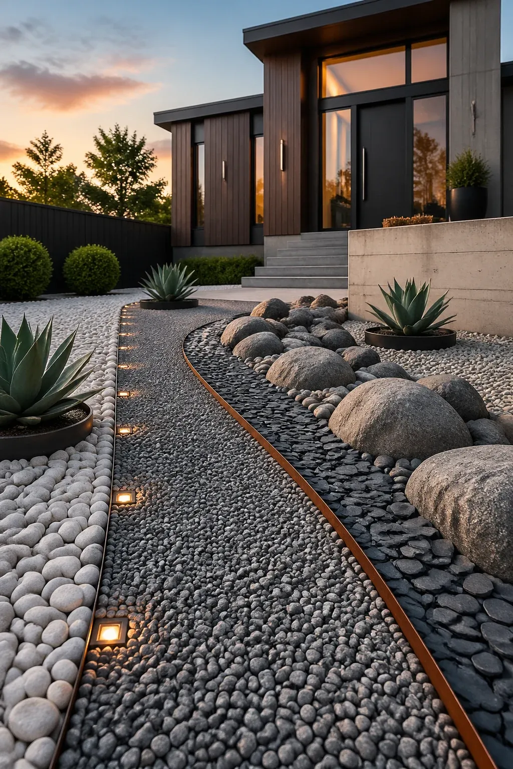 A modern front yard featuring grey gravel paths, white river rocks, and sculptural agave plants.
