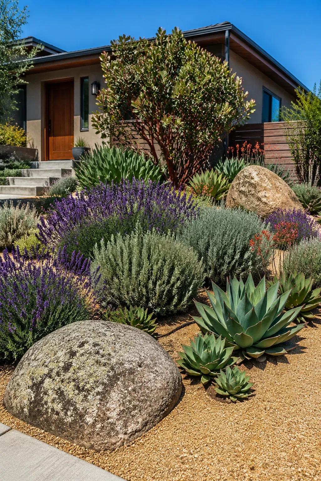 A vibrant front yard garden with lavender, sage, and succulents in a stone-covered bed.