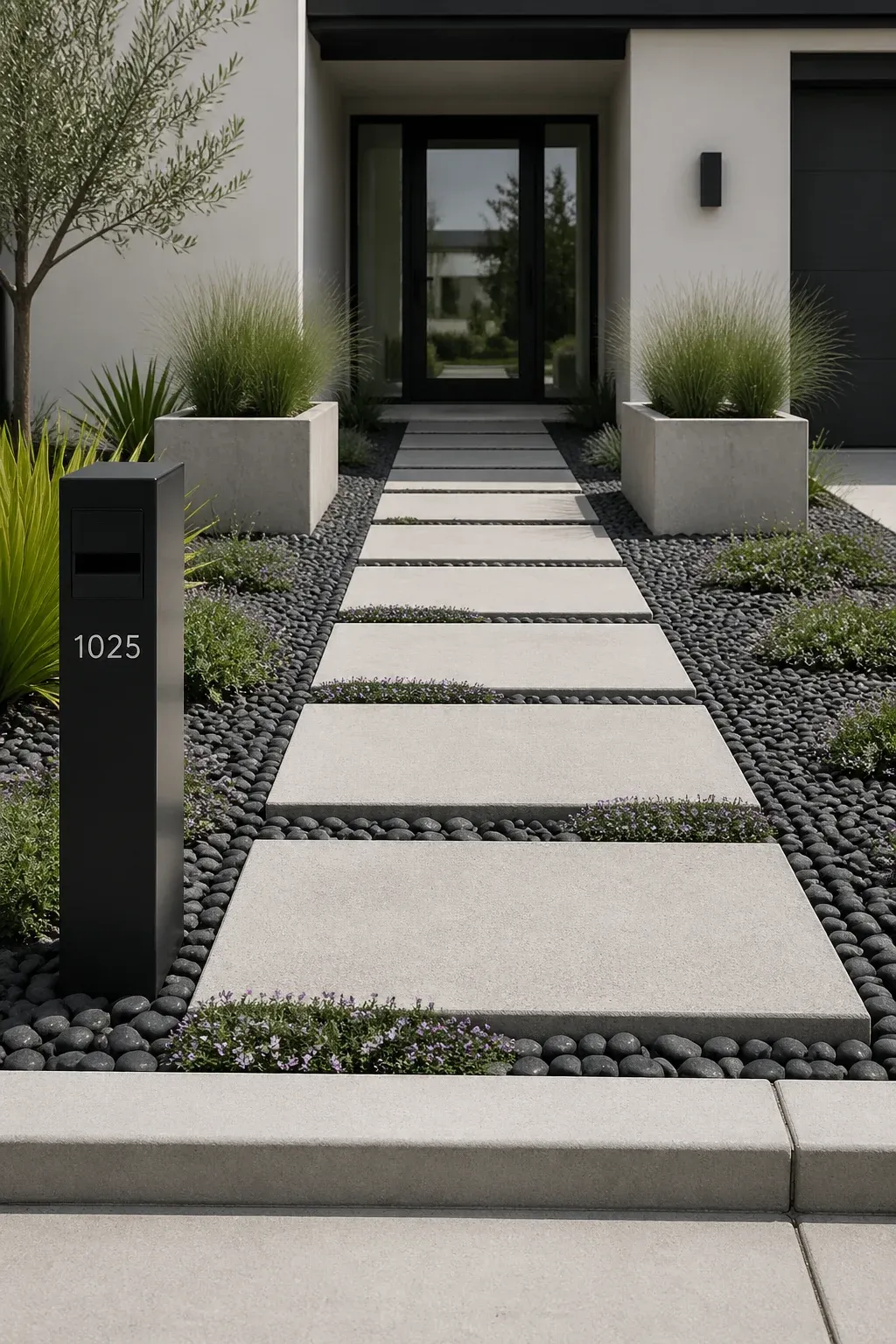 A modern front walkway with large concrete pavers and dark pebble infill leading to a house.