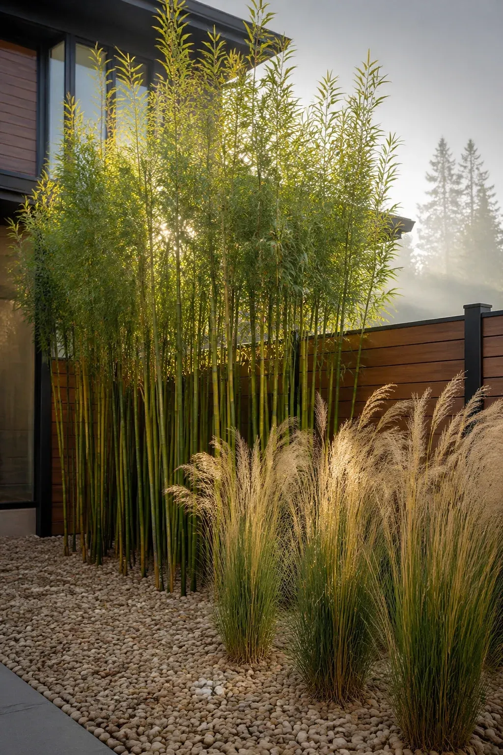 A tall bamboo privacy screen and ornamental grasses in a modern front yard with stone mulch.