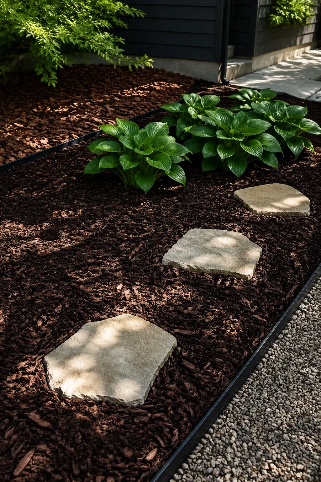 Dark wood mulch garden beds with vibrant green plants and limestone stepping stones.