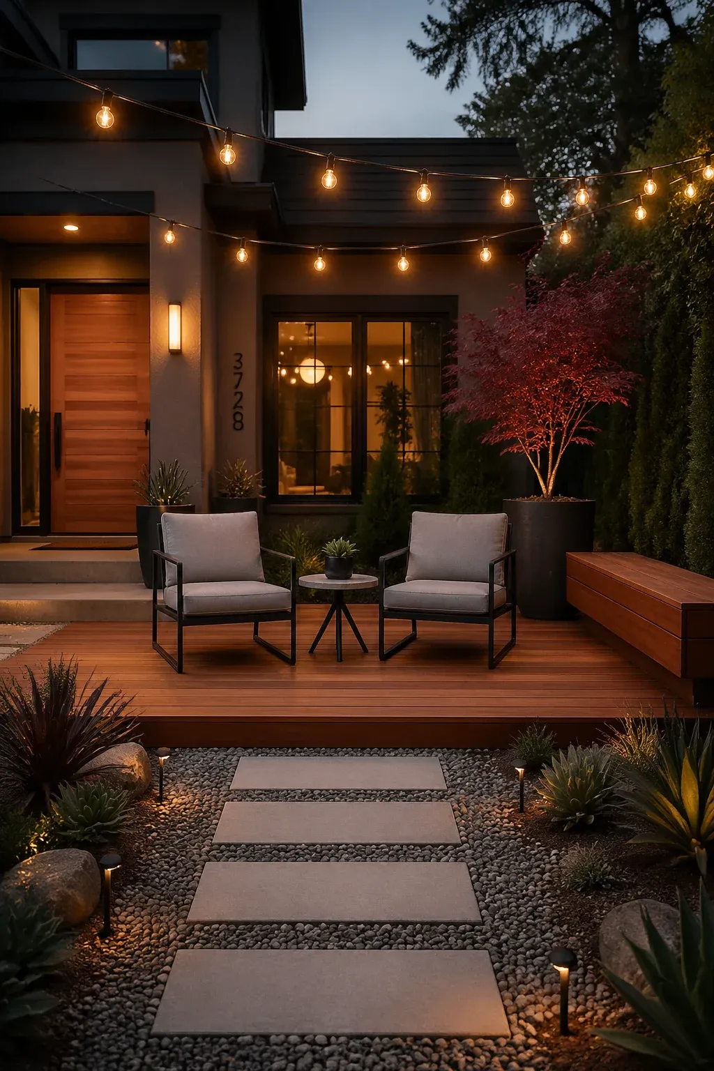 A modern front yard with a wooden deck, contemporary lounge chairs, and warm string lights.
