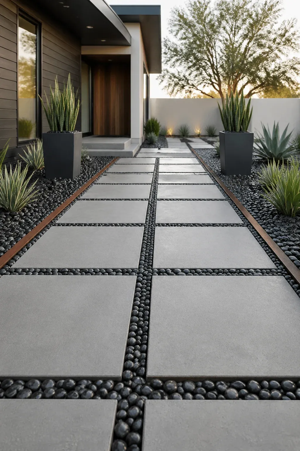 A modern front yard featuring large concrete pavers and dark beach pebbles in a clean grid.