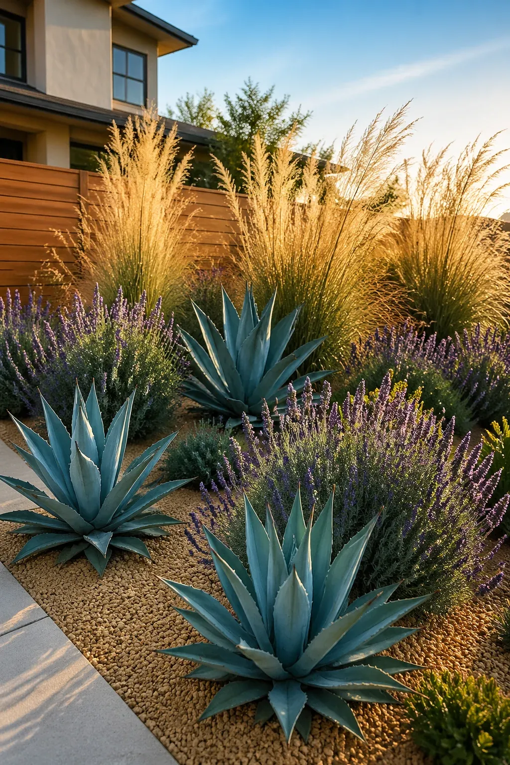 A modern garden bed with lavender, agave, and ornamental grasses on a gravel base.