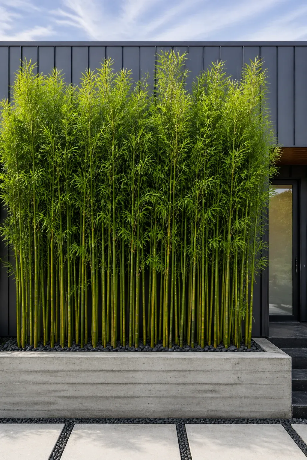 A dense screen of clumping bamboo in a concrete planter providing privacy for a modern home.