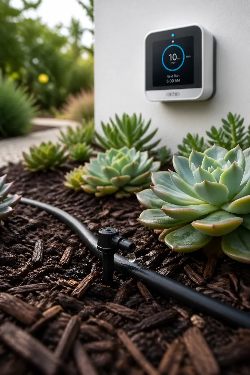 A close-up of a drip irrigation emitter in a mulched garden with a smart controller in the background.