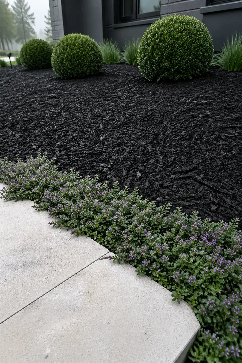 Dark black mulch contrasting with green creeping thyme and white limestone pavers.