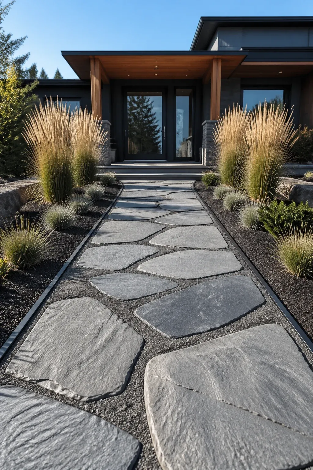 A sturdy flagstone path with crisp steel edging leading to a modern home entrance.