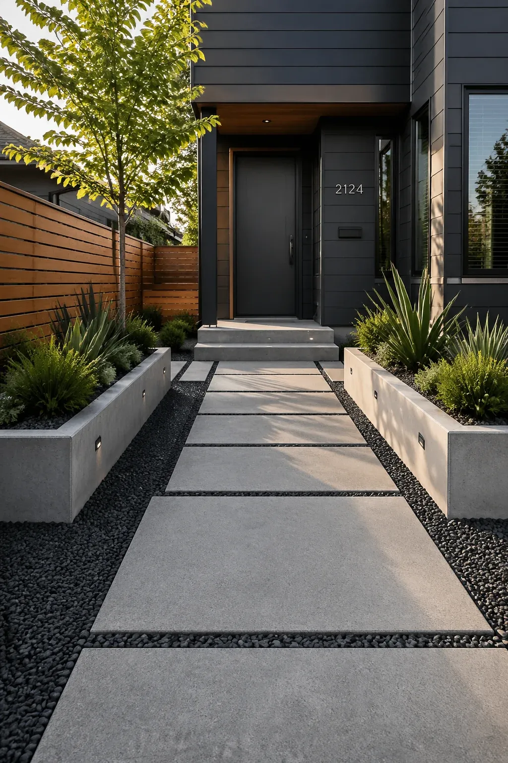 A modern front yard featuring a straight concrete paver walkway and geometric planters.