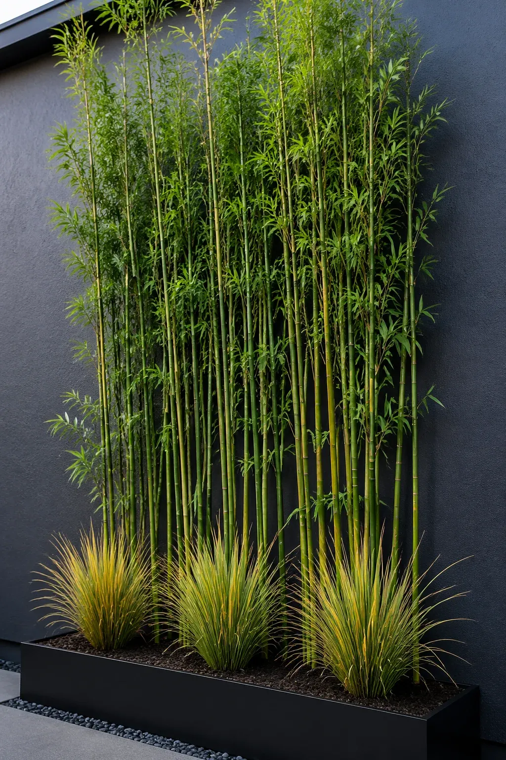 Tall clumping bamboo and ornamental grasses against a dark modern house wall.