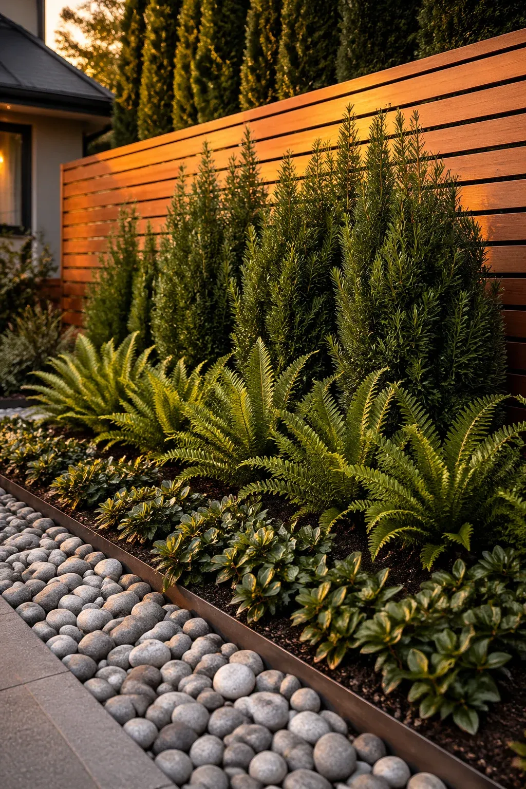 A garden bed with layered plants, river rocks, and a cedar slat fence.