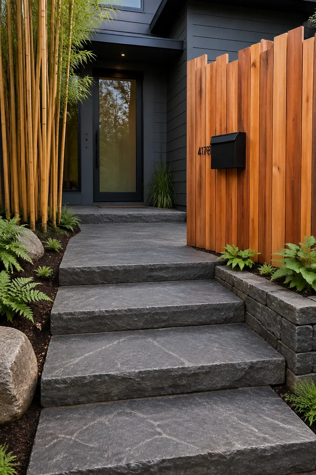 A front entrance with slate stone steps and a cedar wood privacy screen.