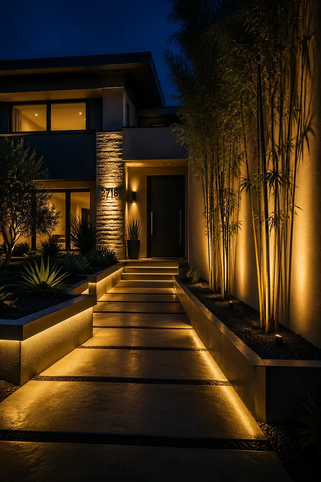 A modern front yard at night with warm LED lighting under planters and uplighting on trees.