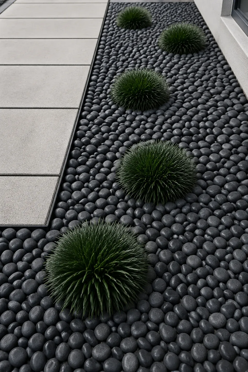 A low-maintenance garden bed with smooth charcoal beach pebbles and tufts of green mondo grass.