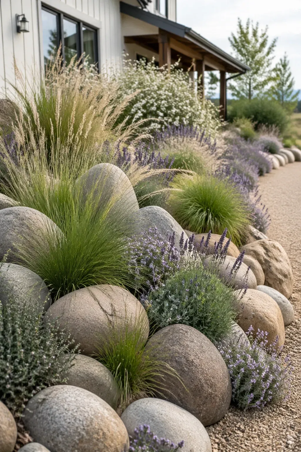 Native grasses and lavender growing between smooth river rocks in a soft landscape.