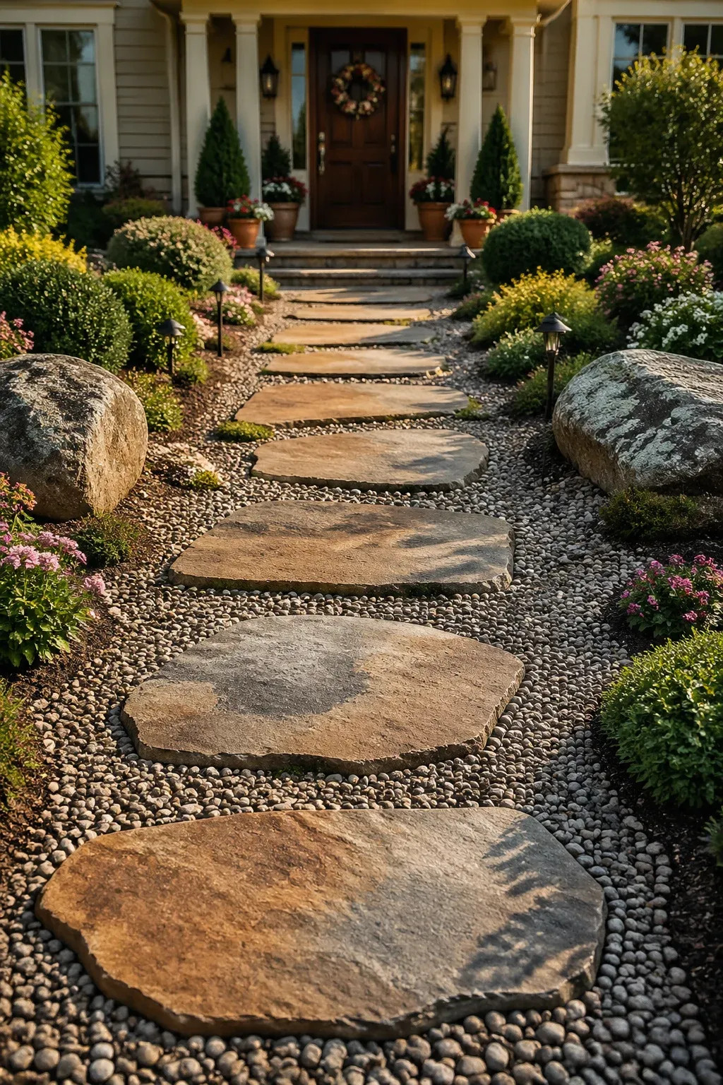 A natural flagstone path winding through a front yard toward a house entrance.