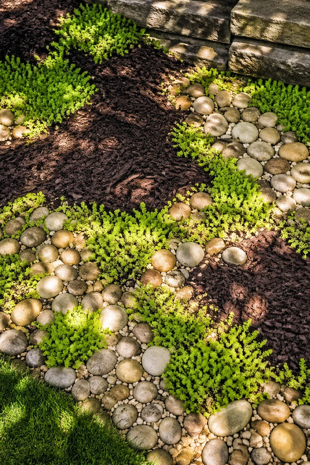 A mix of dark mulch, green groundcover plants, and tan stones in a garden bed.