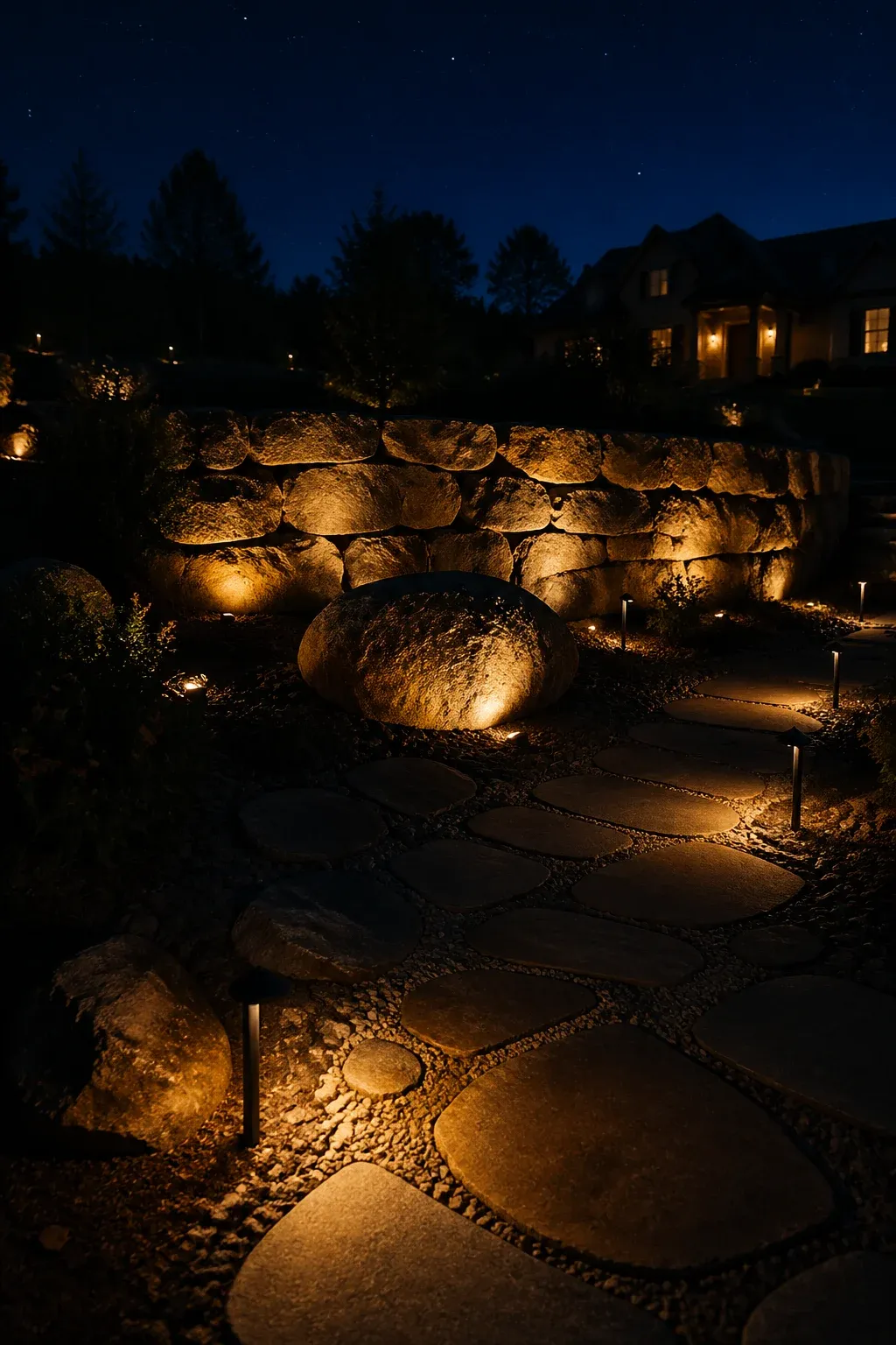 Warm lights illuminating a stone wall and path in a front yard at night.